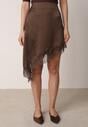 Brązowa Satynowa Spódnica o Asymetrycznym Kroju z Koronką Arlivia