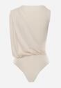 Beżowe Marszczone Body z Dekoltem Łódka i Ozdobną Aplikacją na Ramieniu Carlenka