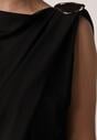 Czarne Marszczone Body z Dekoltem Łódka i Ozdobną Aplikacją na Ramieniu Carlenka