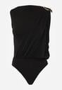 Czarne Marszczone Body z Dekoltem Łódka i Ozdobną Aplikacją na Ramieniu Carlenka