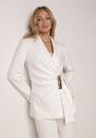 Biała Taliowana Marynarka z Wiskozą z Marszczeniem i Aplikacją przy Wiązaniu Alyndra