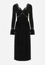 Czarna Koktajlowa Sukienka z Wiskozy Zdobiona Falbanami Koronką i Wiązaniem Felycia