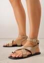 Ciemnobeżowe Sandały Typu Japonki z Metaliczną Ozdobą Meledra