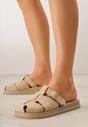 Beżowe Klapki z Paskami i Kwadratową Sprzączką Olyndar