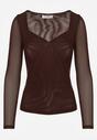 Ciemnobrązowa Bluzka Siateczkowa z Wiskozą z Długim Rękawem i Dekoltem w Serce Elanne