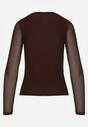 Ciemnobrązowa Bluzka Siateczkowa z Wiskozą z Długim Rękawem i Dekoltem w Serce Elanne