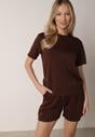 Brązowy Letni Komplet z Bawełny i Wiskozy T-shirt i Szorty Celinai