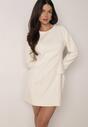 Jasnobeżowa Elegancka Sukienka VICES o Trapezowym Kroju z Imitacją Kieszeni Amaliete