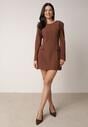 Brązowa Elegancka Sukienka VICES o Trapezowym Kroju z Imitacją Kieszeni Amaliete