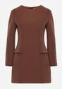 Brązowa Elegancka Sukienka VICES o Trapezowym Kroju z Imitacją Kieszeni Amaliete