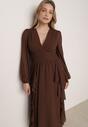 Brązowa Romantyczna Sukienka Koktajlowa z Falbanami i Marszczeniem w Pasie Aranilla