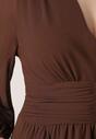 Brązowa Romantyczna Sukienka Koktajlowa z Falbanami i Marszczeniem w Pasie Aranilla