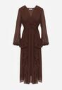 Brązowa Romantyczna Sukienka Koktajlowa z Falbanami i Marszczeniem w Pasie Aranilla