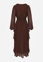 Brązowa Romantyczna Sukienka Koktajlowa z Falbanami i Marszczeniem w Pasie Aranilla