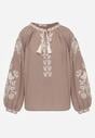 Beżowa Bawełniana Bluzka Boho z Ozdobnym Haftem i Sznurkiem z Frędzlami Lamegenia