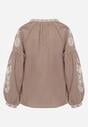 Beżowa Bawełniana Bluzka Boho z Ozdobnym Haftem i Sznurkiem z Frędzlami Lamegenia