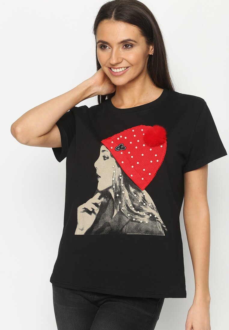 Czarny T-shirt Girl In A Hat