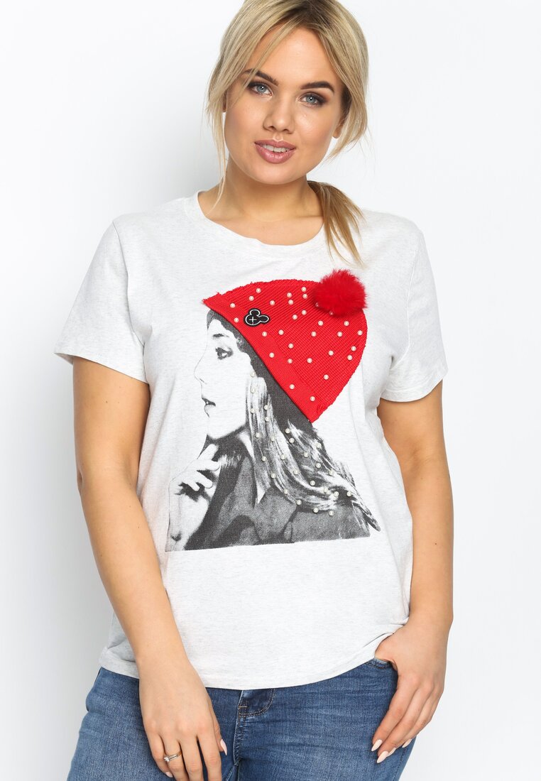 Jasnoszary T-shirt Girl In A Hat