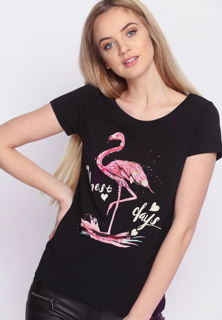 Czarny T-shirt Pink Flamingo