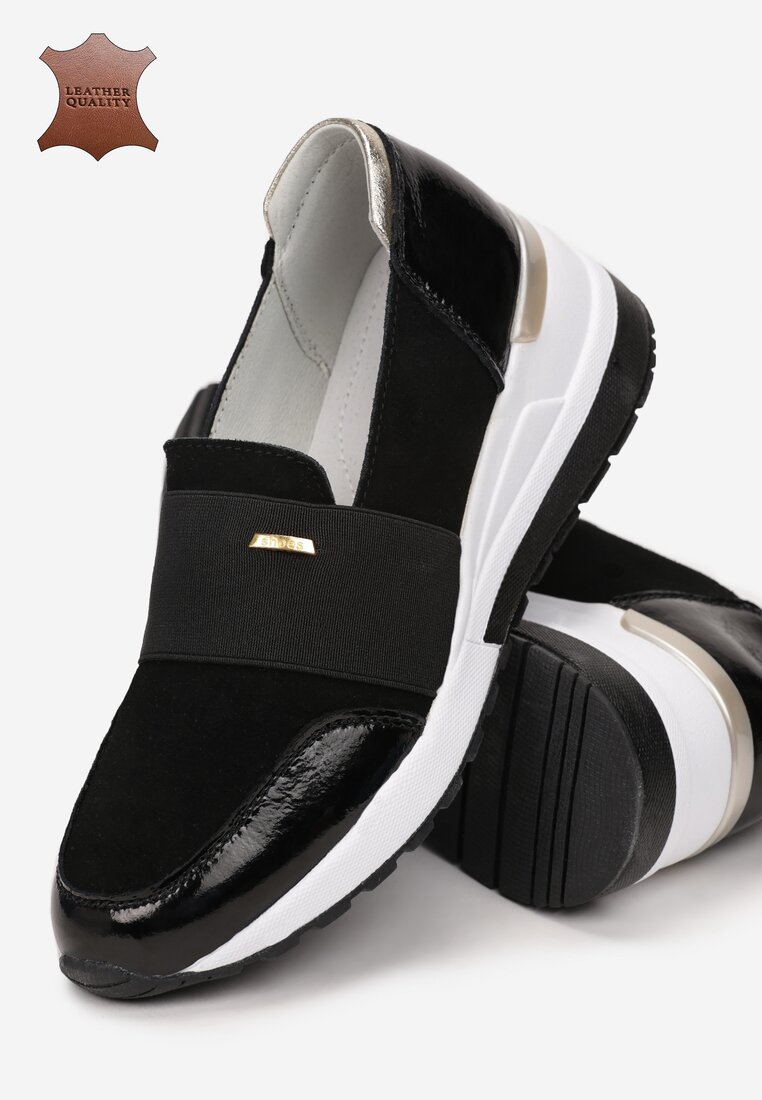 Czarno-Złote Skórzane Sneakersy Iecabra