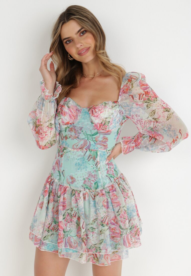 Jasnozielona Sukienka Mini z Bufiastymi Rękawami i Falbankami w Kwiaty Luxitte