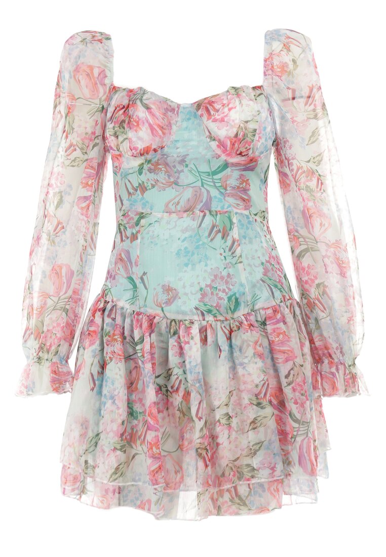 Jasnozielona Sukienka Mini z Bufiastymi Rękawami i Falbankami w Kwiaty Luxitte