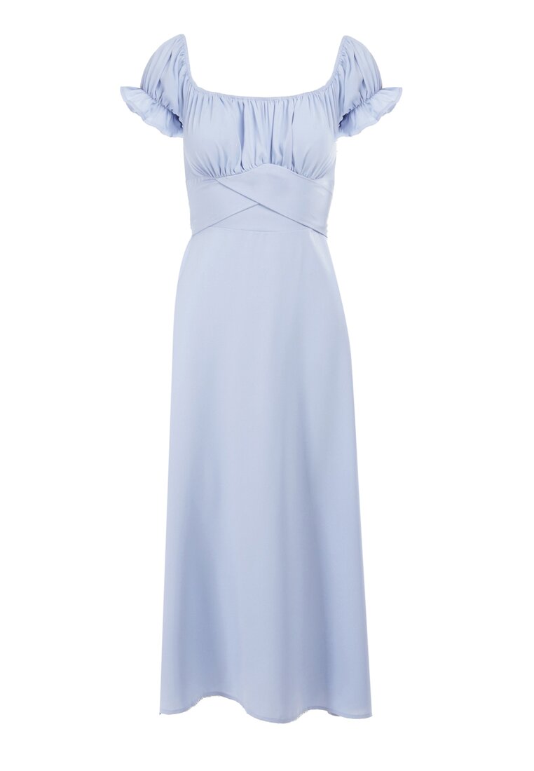 Niebieska Sukienka Midi z Dekoltem Carmen i Bufiastymi Rękawkami Amarhis
