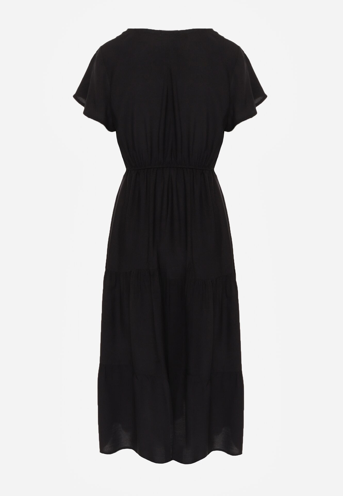 Czarna Sukienka z Wiskozy o Rozkloszowanym Kroju Folky