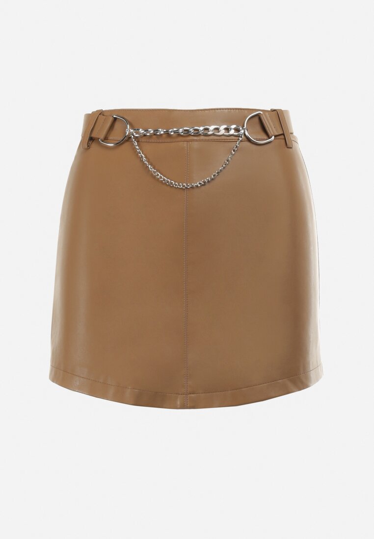 Brązowe Spódnicospodnie z Imitacji Skóry z Paskiem i Łańcuszkiem Haillet
