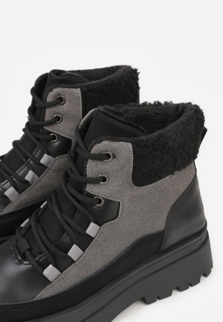 Czarno-Szare Traperki Sznurowane Trapery Jette