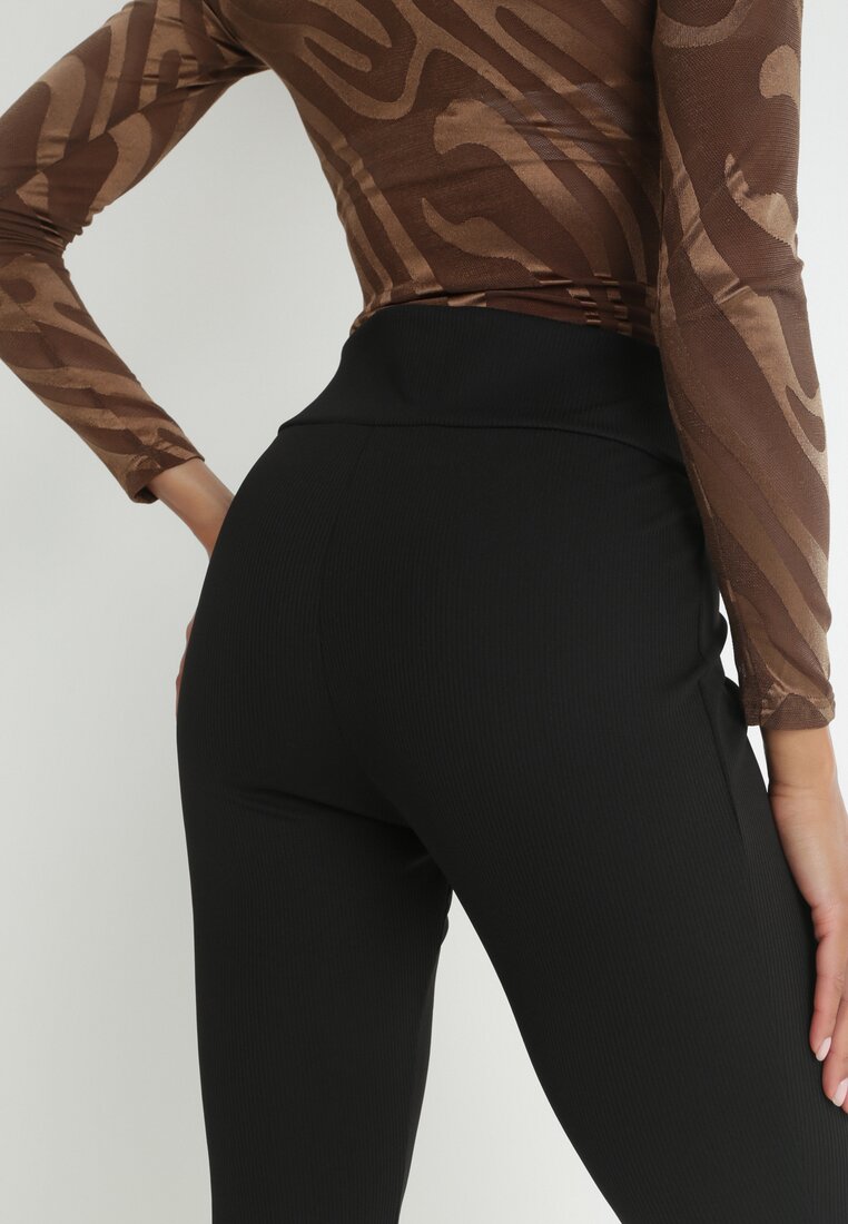 Czarne Spodnie Dzwony z Prążkowanej Dzianiny Shafiqa