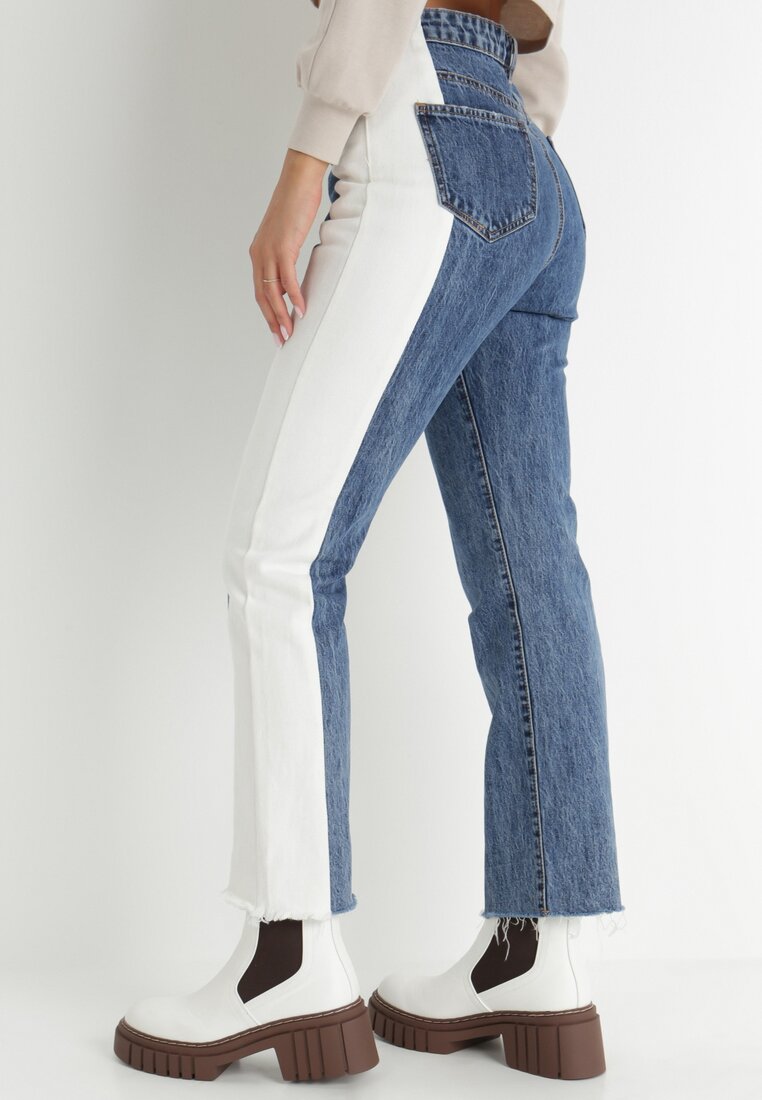 Niebieskie Jeansy Straight z Lampasami Bawełniane Nafa