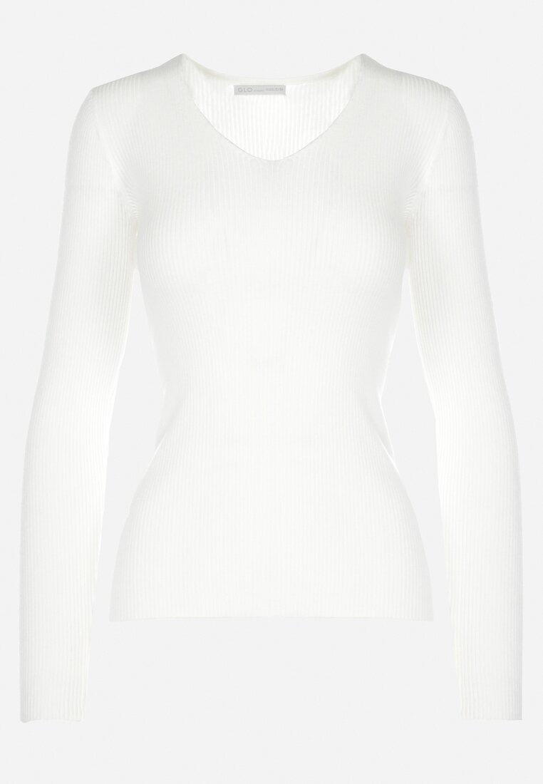 Biały Sweter Prążkowany Tekko