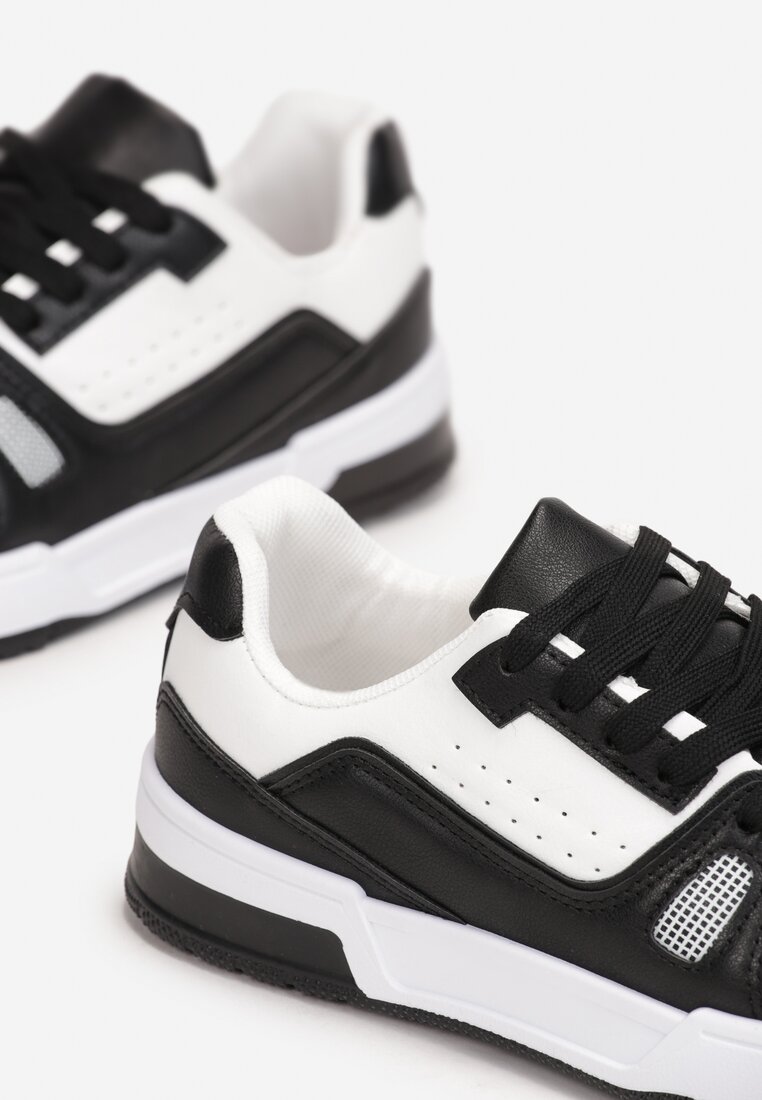 Czarno-Białe Sneakersy Sznurowane z Ekoskóry Kella