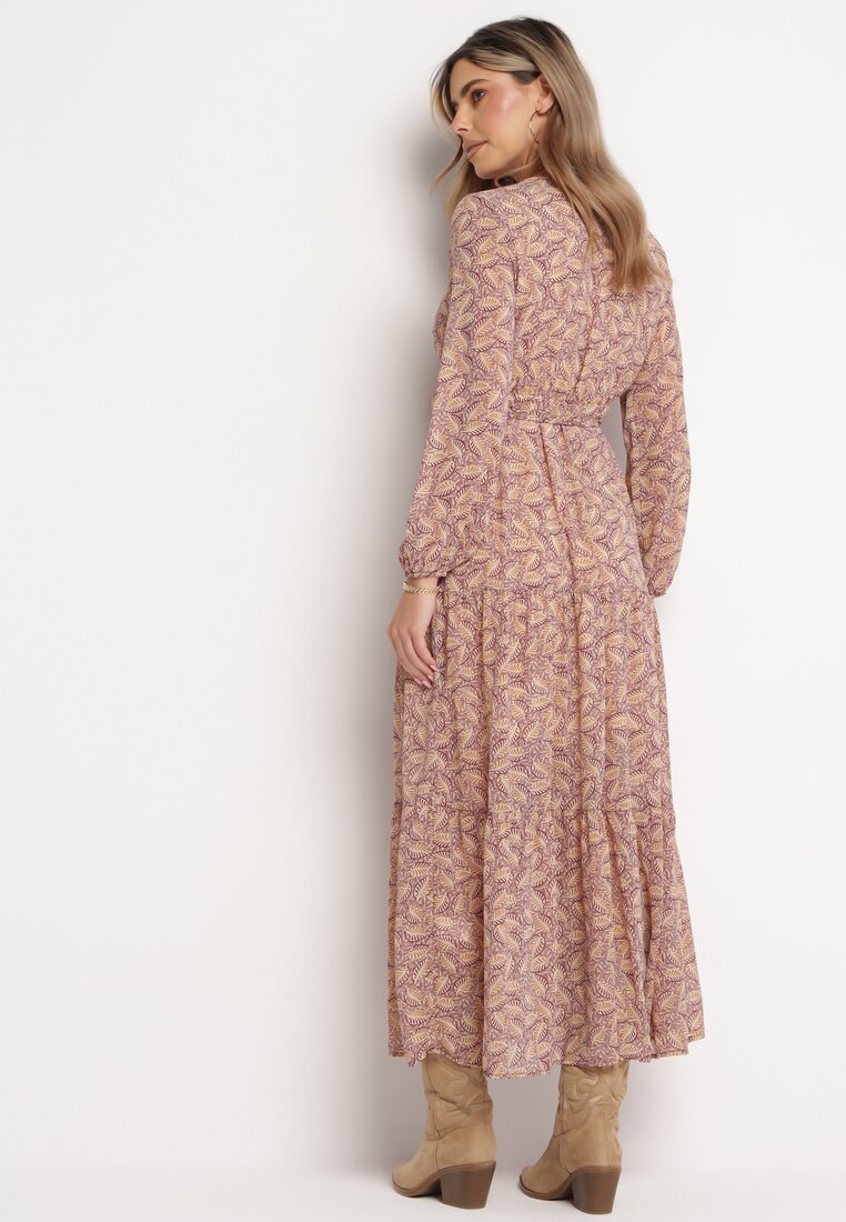 Beżowo-Bordowa Sukienka Maxi Boho Elerra