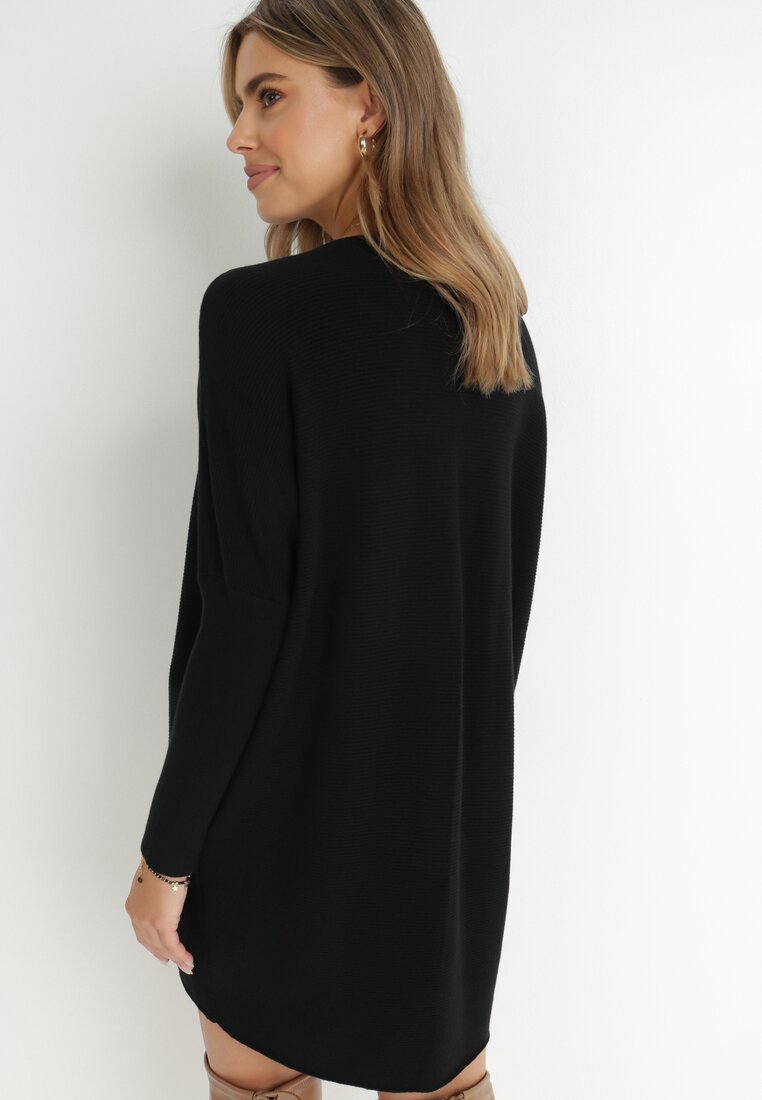 Czarny Sweter Długi Oversize z Prążkowanej Dzianiny Thessothee