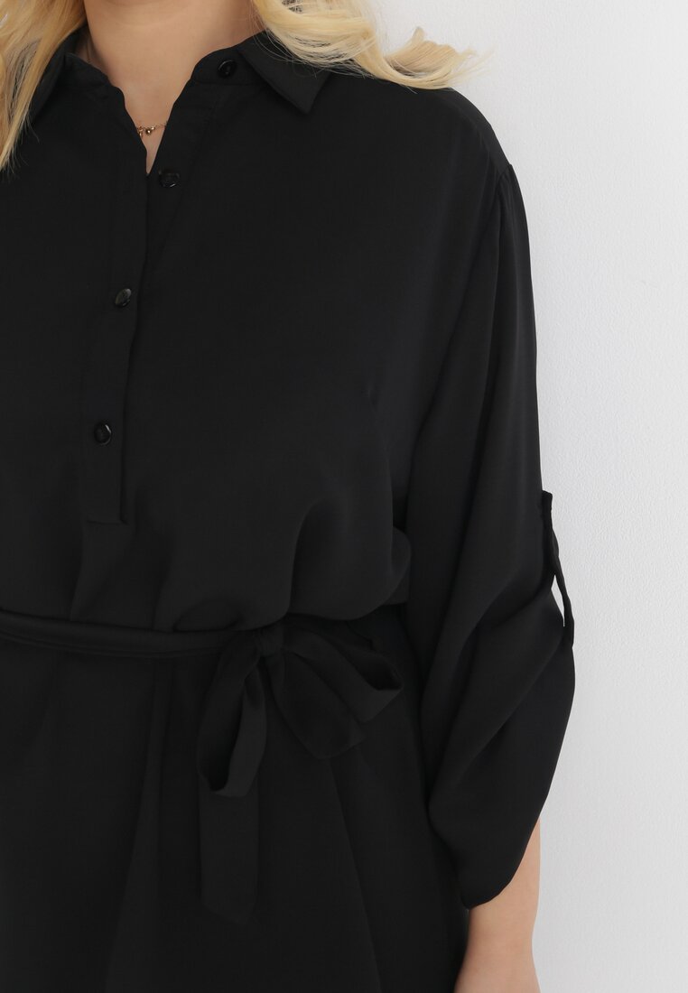 Czarna Sukienka Koszulowa z Wiązanym Paskiem Barbomela