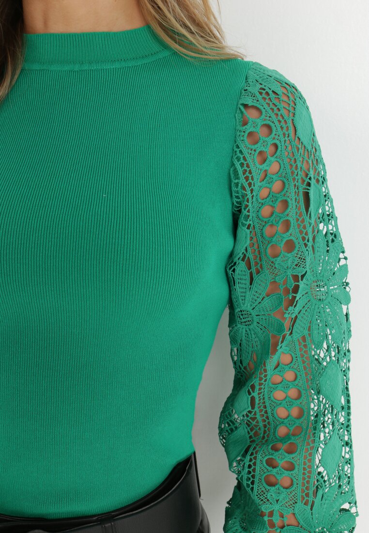 Zielony Sweter z Bufiastym i Koronkowym Rękawem Kephia
