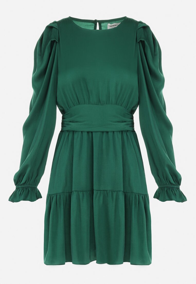 Zielona Sukienka Taliowana z Falbanami Klasino