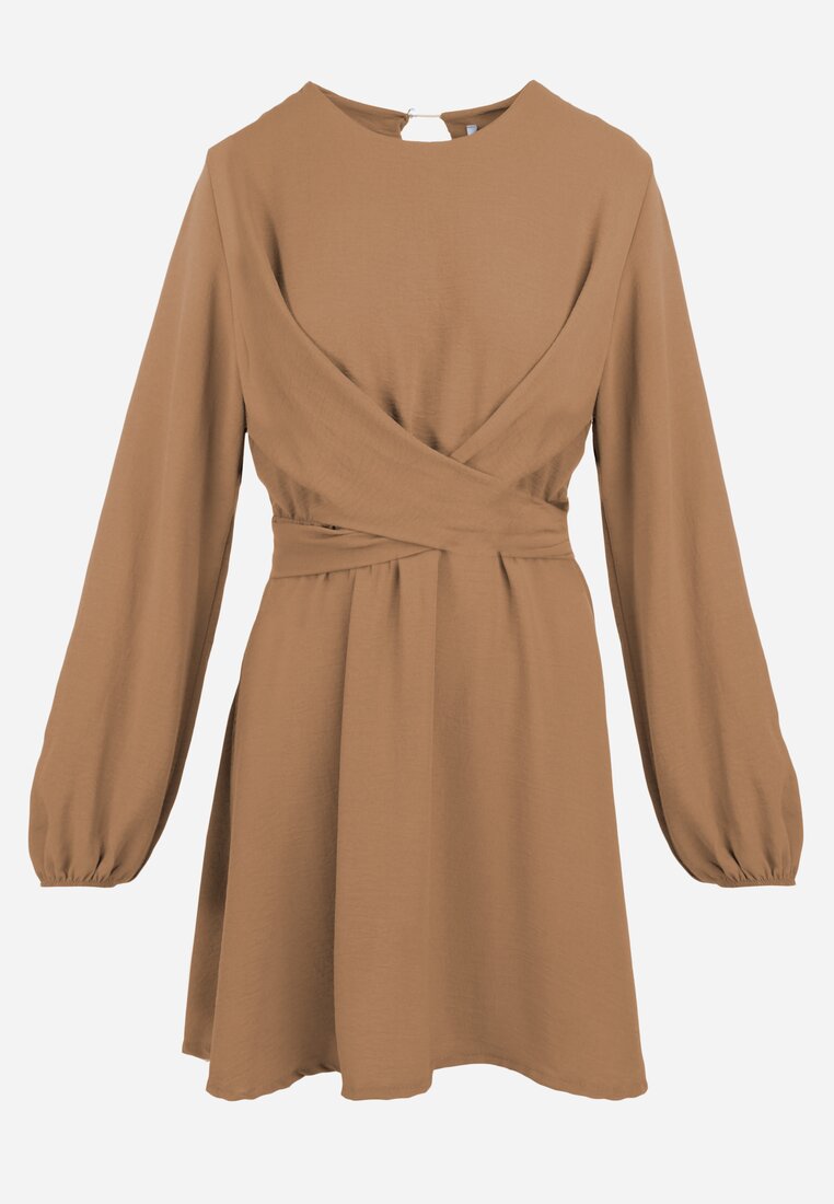 Beżowa Sukienka Rozkloszowana z Gumką w Pasie Selnaedo