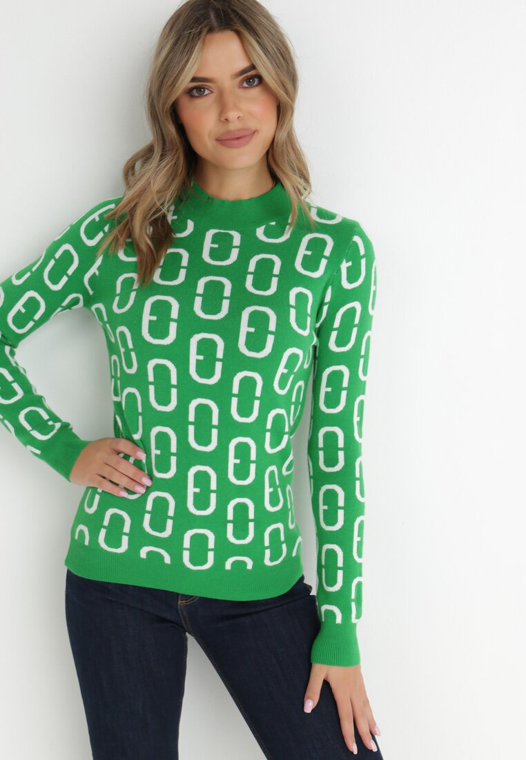 Zielony Sweter z Półgolfem w Geometryczny Wzór Asys
