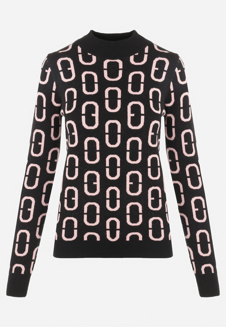 Czarno-Różowy Sweter z Półgolfem w Geometryczny Wzór Asys