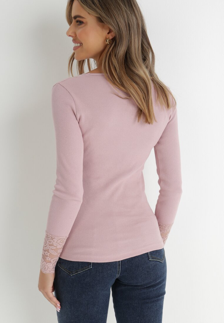 Ciemnoróżowa Bluzka z Prążkowanej Dzianiny z Koronką Sinar