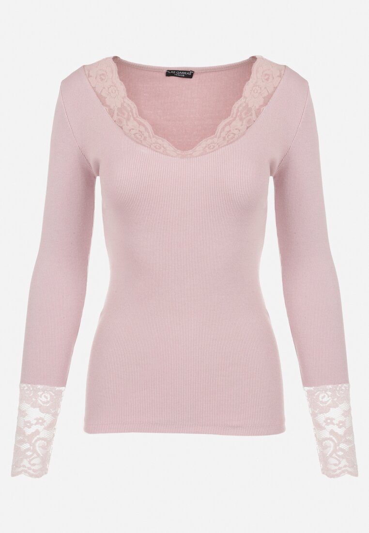 Ciemnoróżowa Bluzka z Prążkowanej Dzianiny z Koronką Sinar