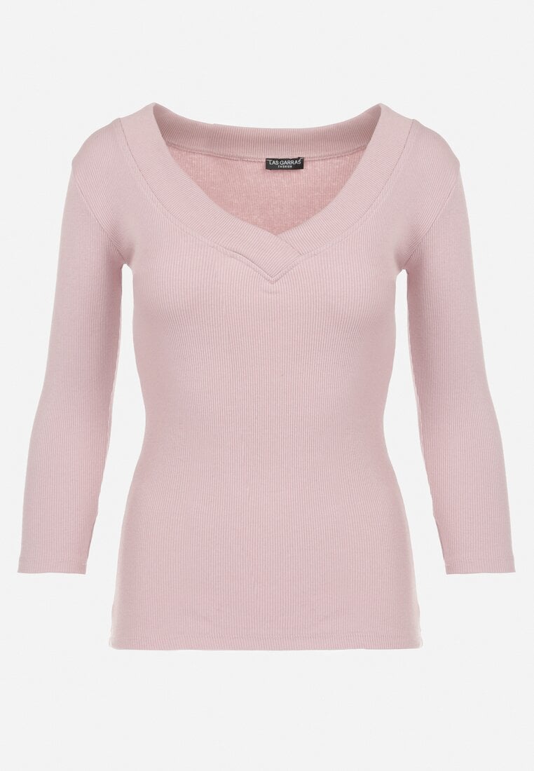 Ciemnoróżowa Bluzka z Bawełny z Trójkątnym Dekoltem Sesep