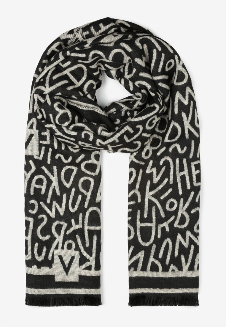 Beżowo-Czarny Szalik z Bawełny i Wiskozy z Nadrukiem Cellah
