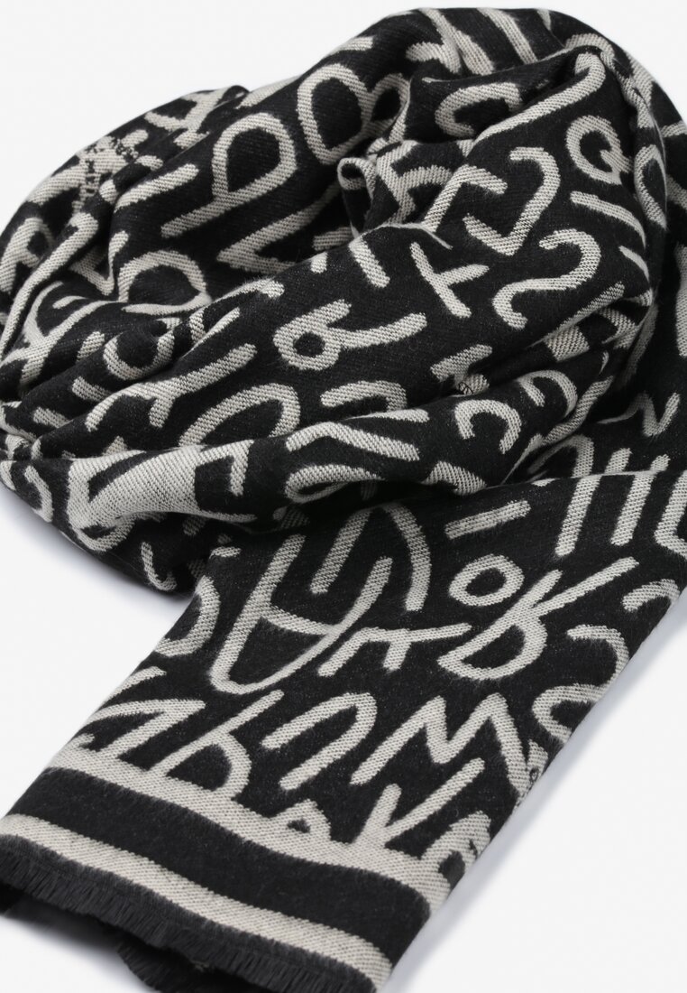 Beżowo-Czarny Szalik z Bawełny i Wiskozy z Nadrukiem Cellah