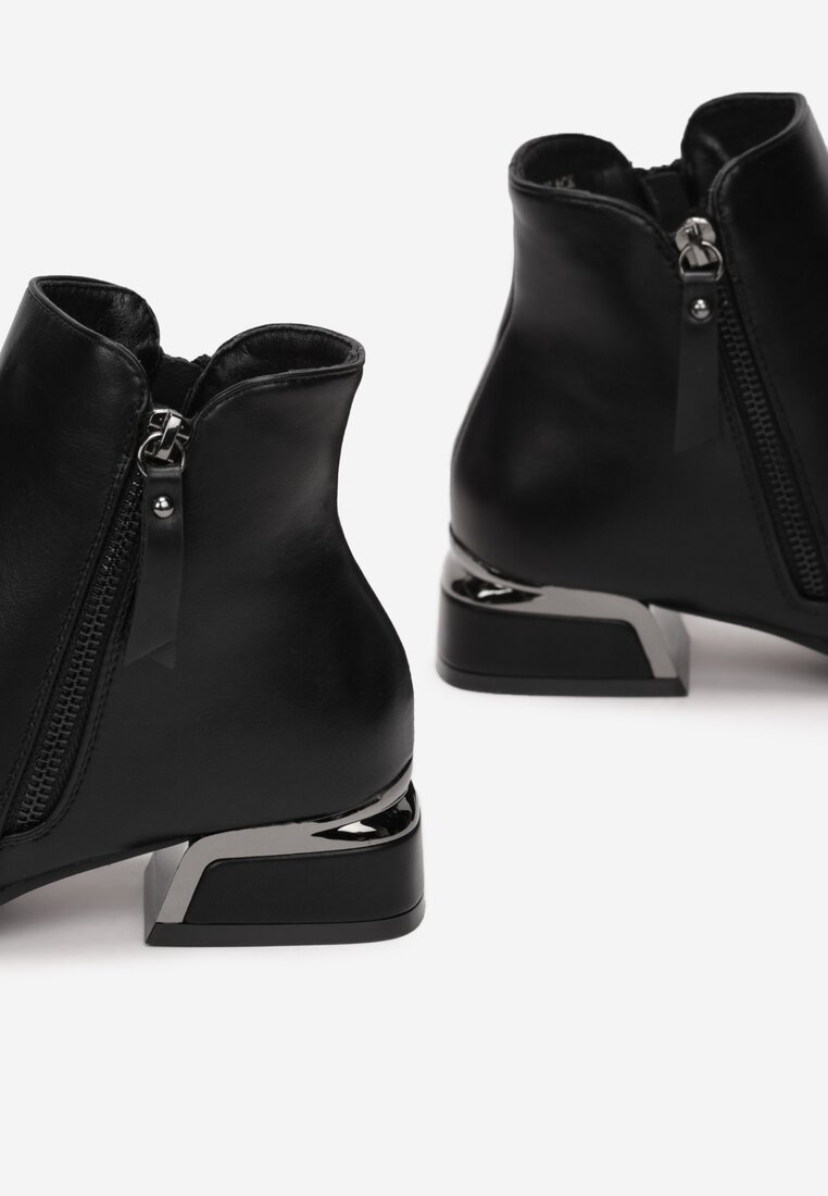Czarne Botki Sztyblety z Metaliczną Wstawką na Obcasie Mannarri