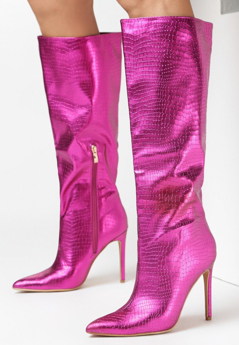 Różowe Kozaki Metaliczne z Tłoczeniem Skóry Krokodyla Dawala