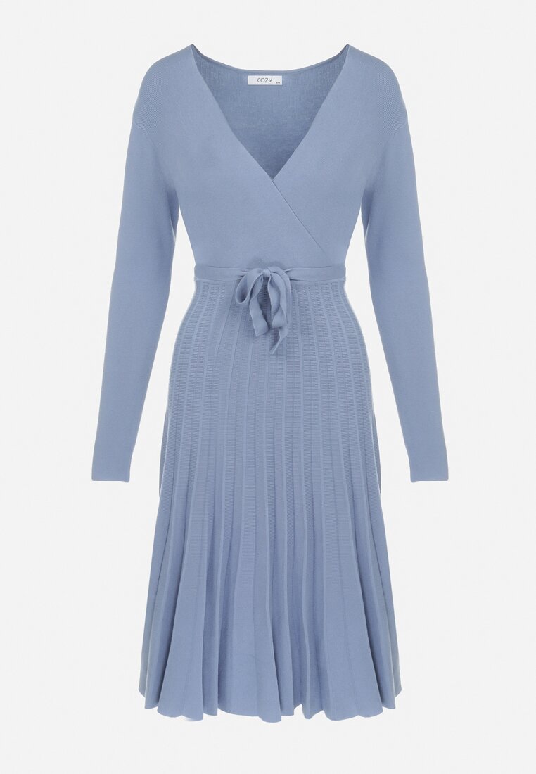 Niebieska Sukienka Dzianinowa z Wiązaniem i Plisowanym Dołem Cilladia